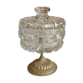 Bonbonnière en verre et laiton sur pied