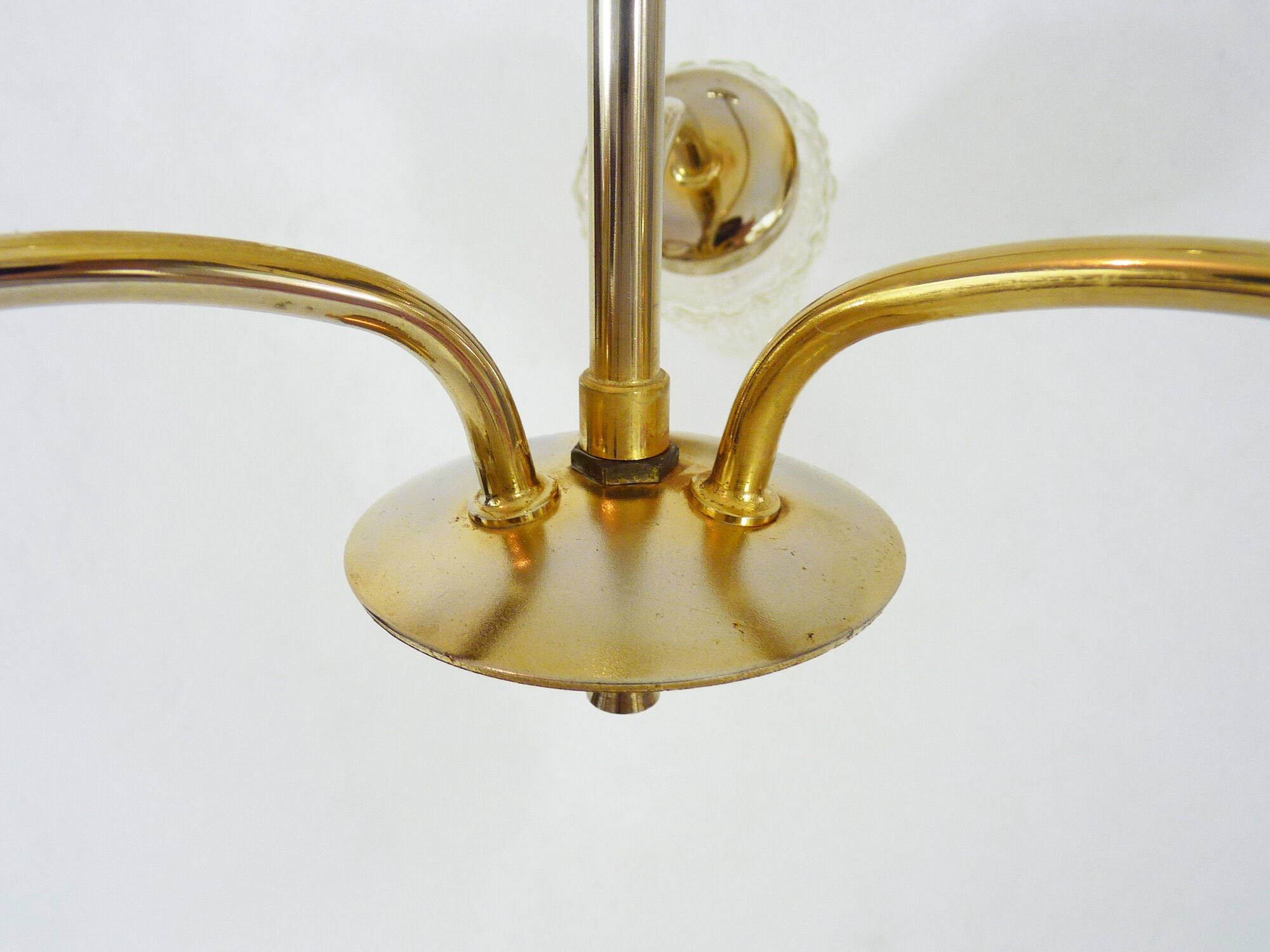 Old 3-branched chandelier, brass and chiseled glass tubes, 60s