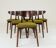 Set of 6 dining chairs, dark walnut upholstery in grass green.