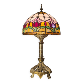 restored antique Art Nouveau bronze lamp, stained glass lampshade in Tiffany style