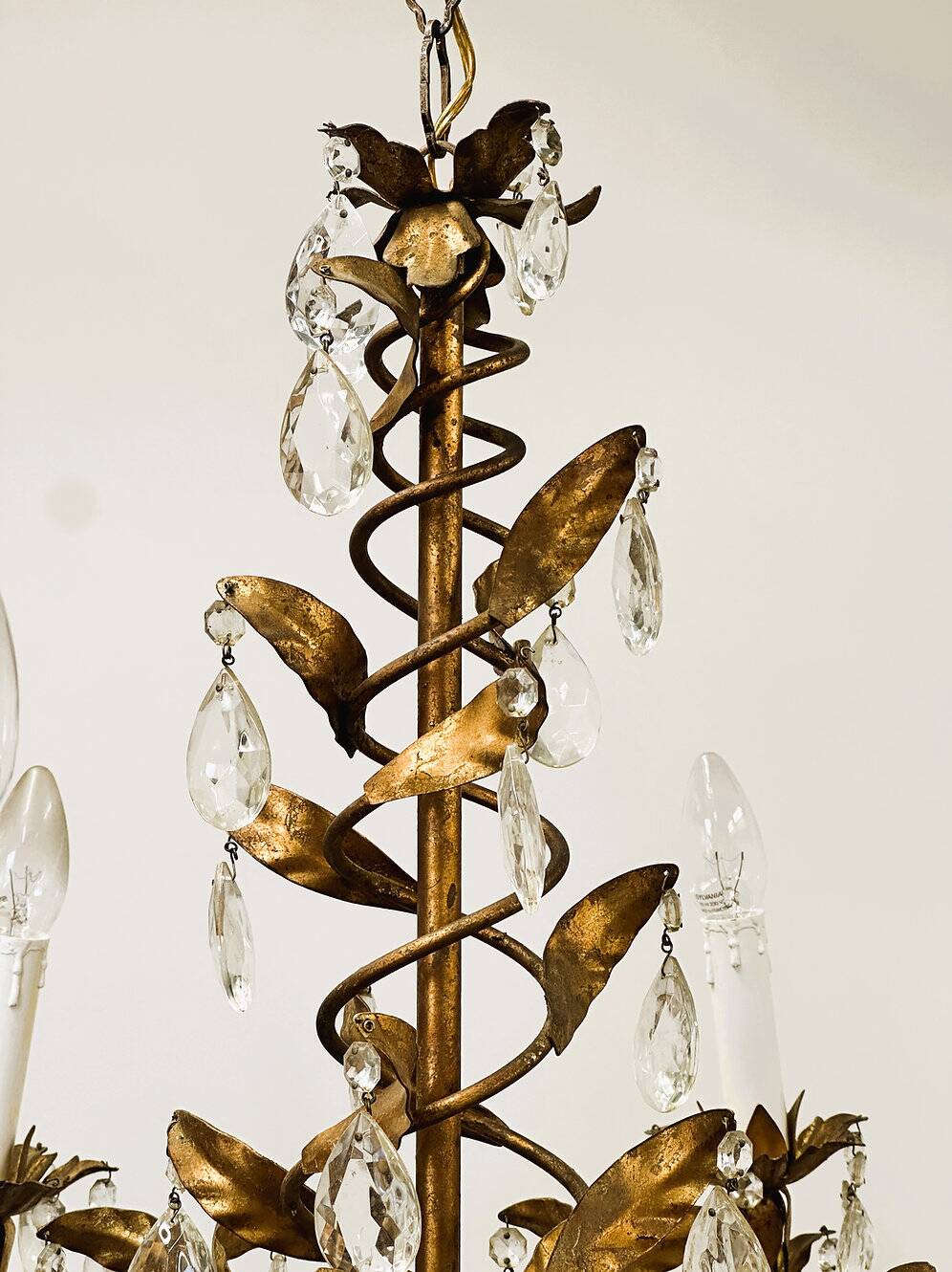Vintage gold leaf crystal chandelier with 6 lights, 1950s.