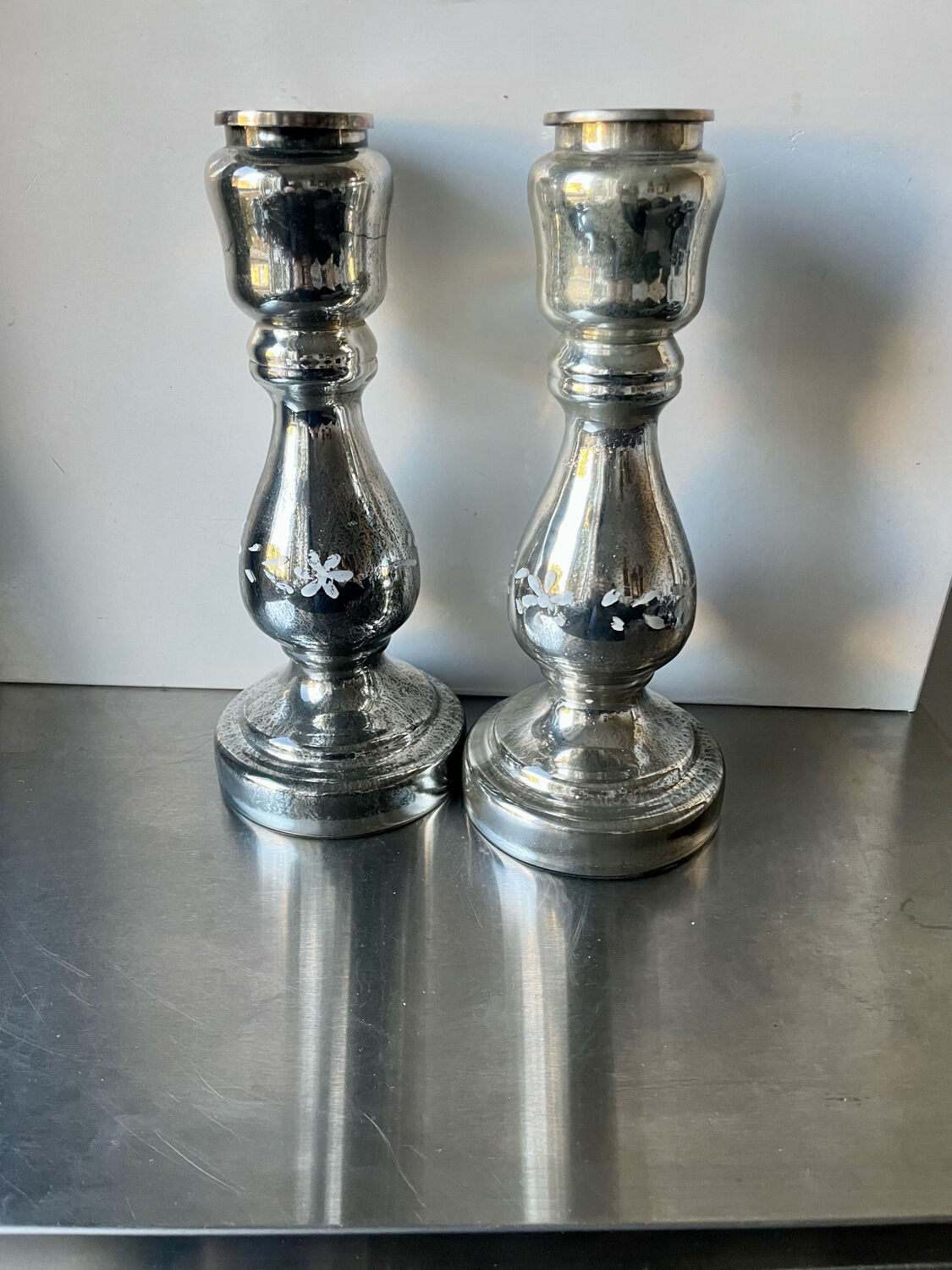 Pair of vintage mercury glass candleholders