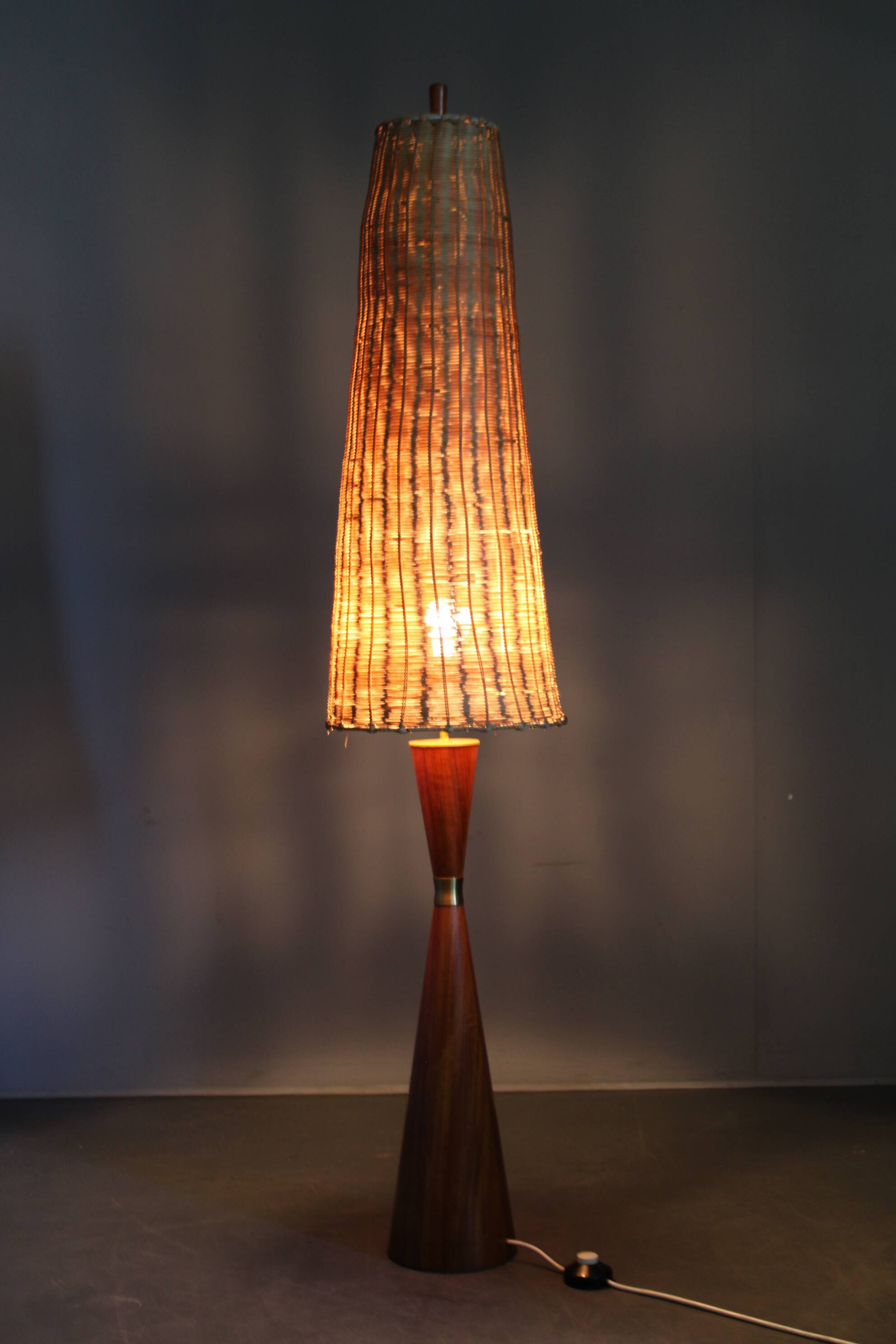 1960s Parker Knoll wooden table lamp with wicker shade, Britain
