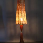 1960s Parker Knoll wooden table lamp with wicker shade, Britain
