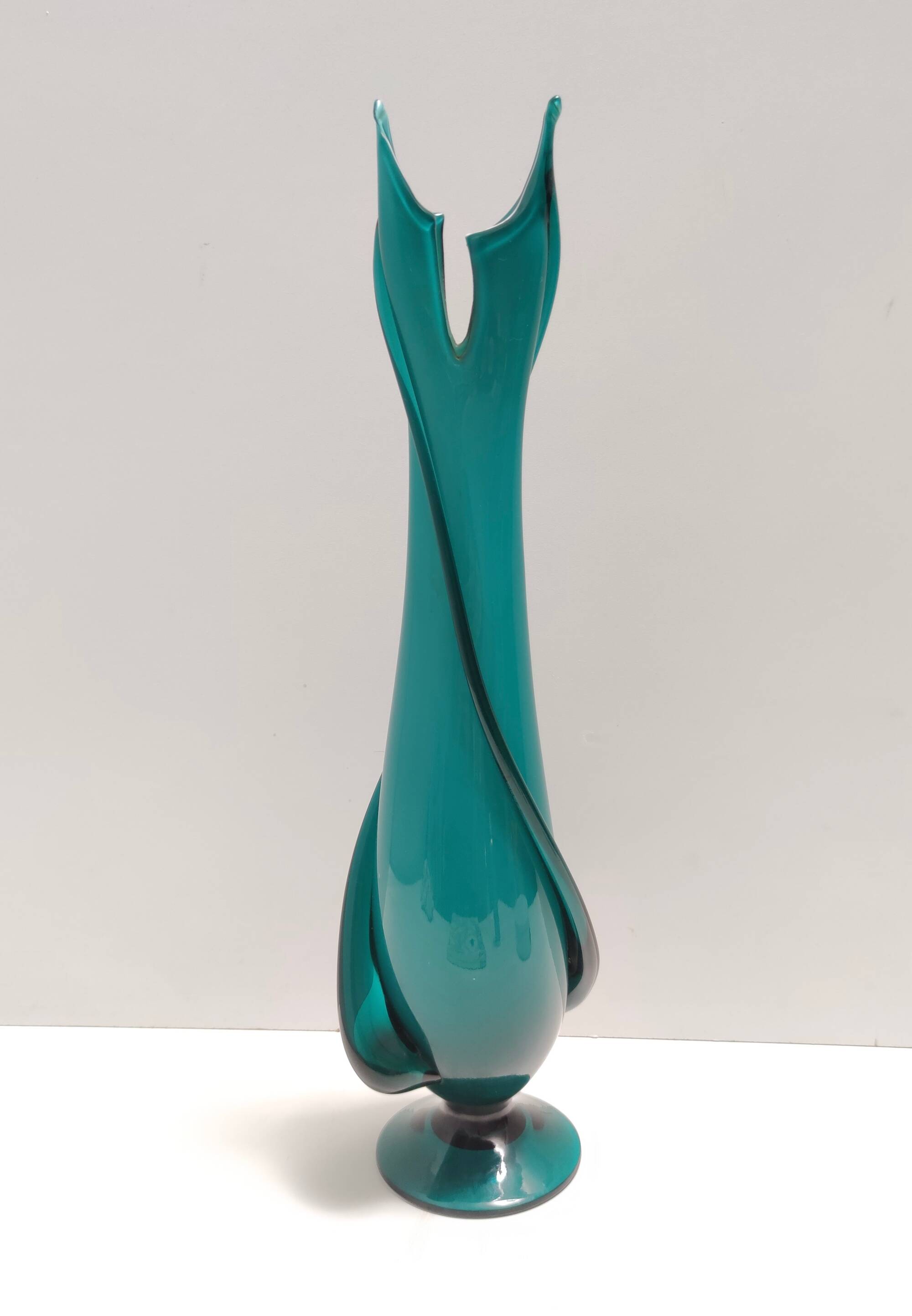 Teal Encased and Hand-Blown Murano Glass Flower Vase, Italy