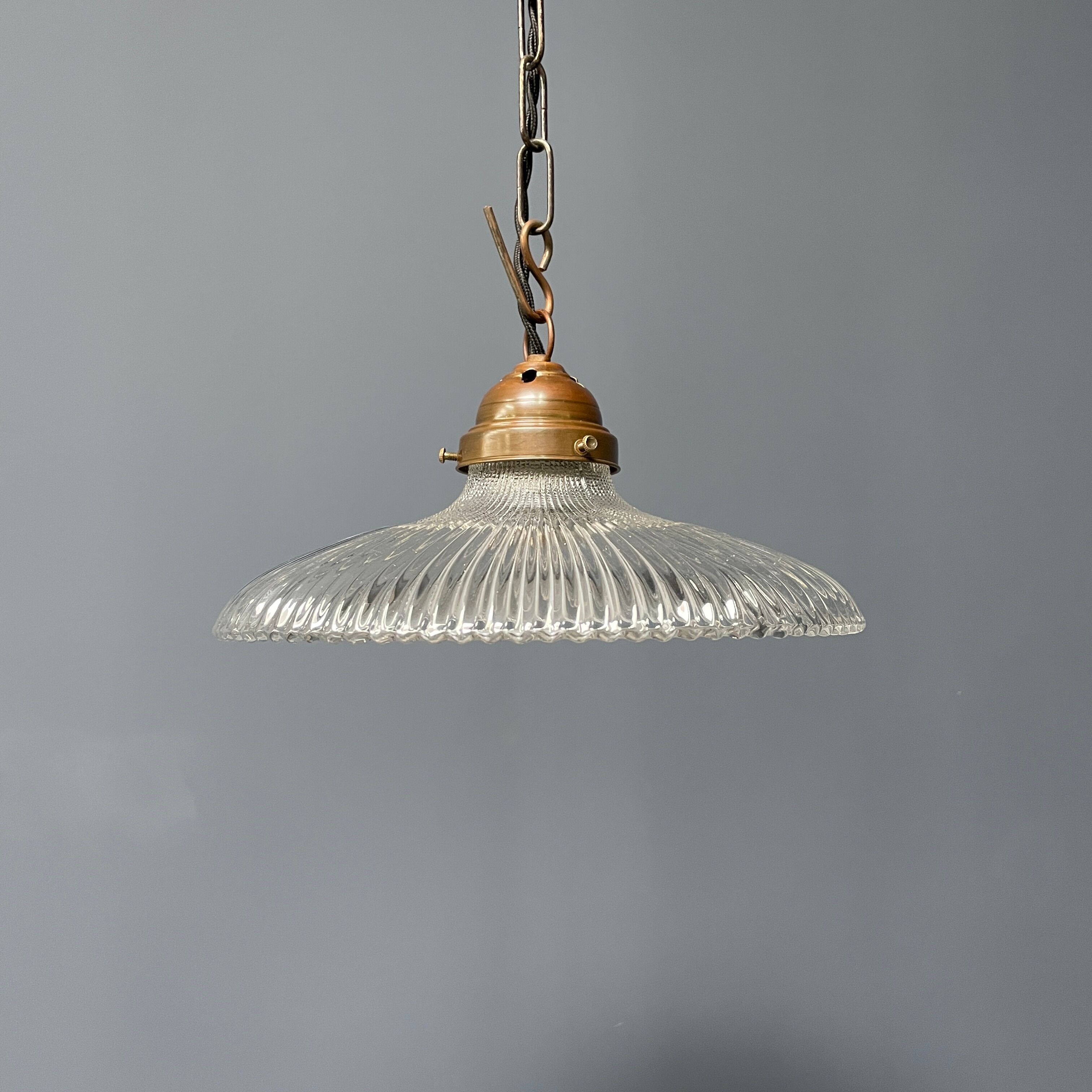 Glass holophane hangingor pendant lamp with brass gallery