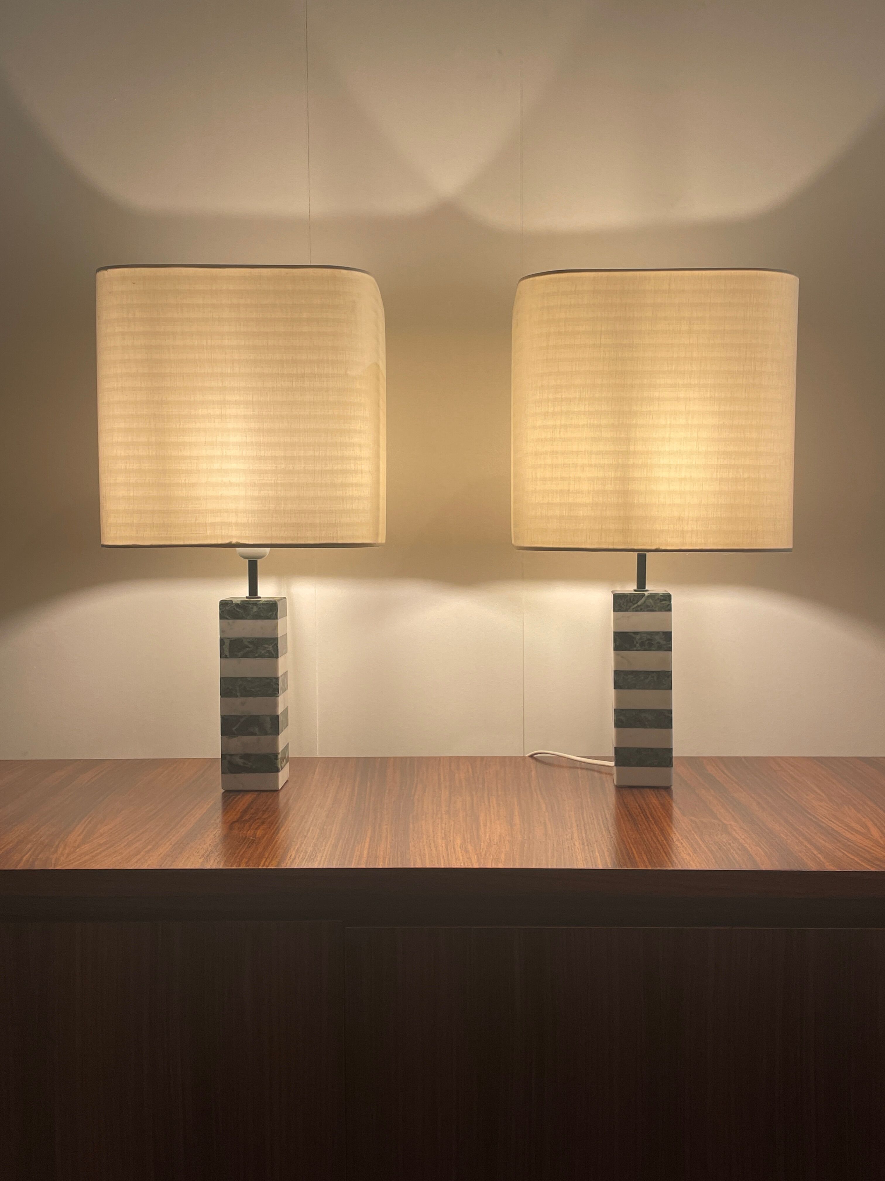 Pair of white and green marble lamps, 1970's