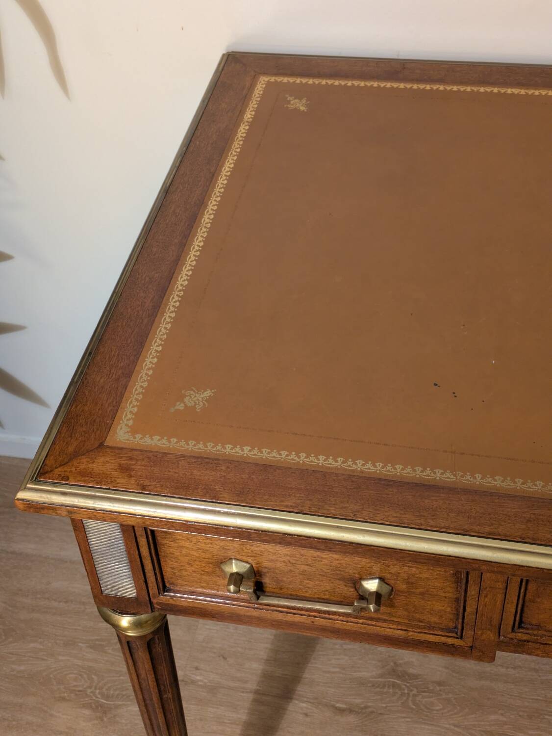 Antique Louis XVI style vintage desk, leather, brass, cherry wood
