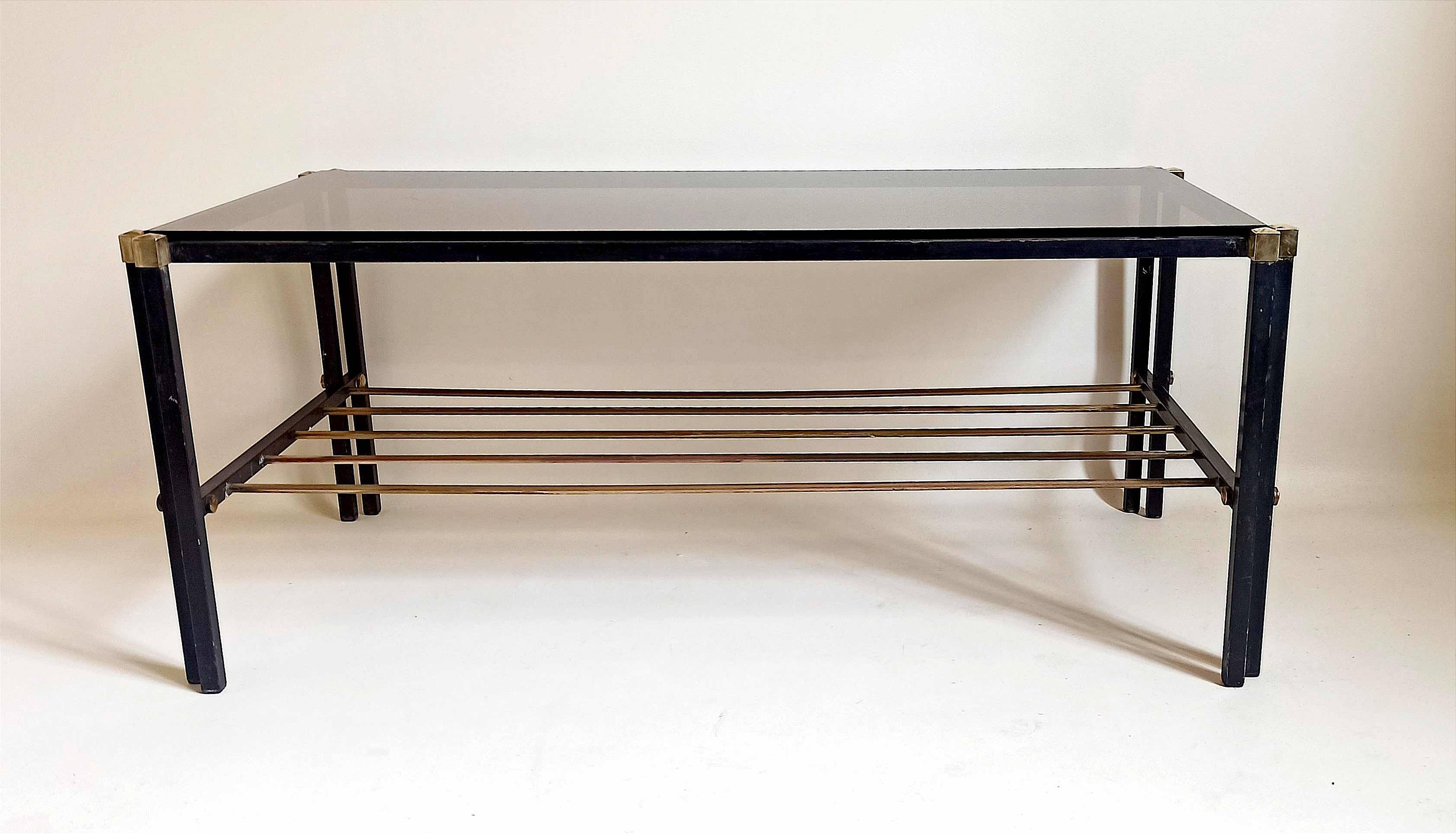 Magazine holder coffee table 1960s smoked glass, metal and brass Width 94.2 cm