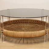 Table basse vintage en verre, rotin et lucite années 70