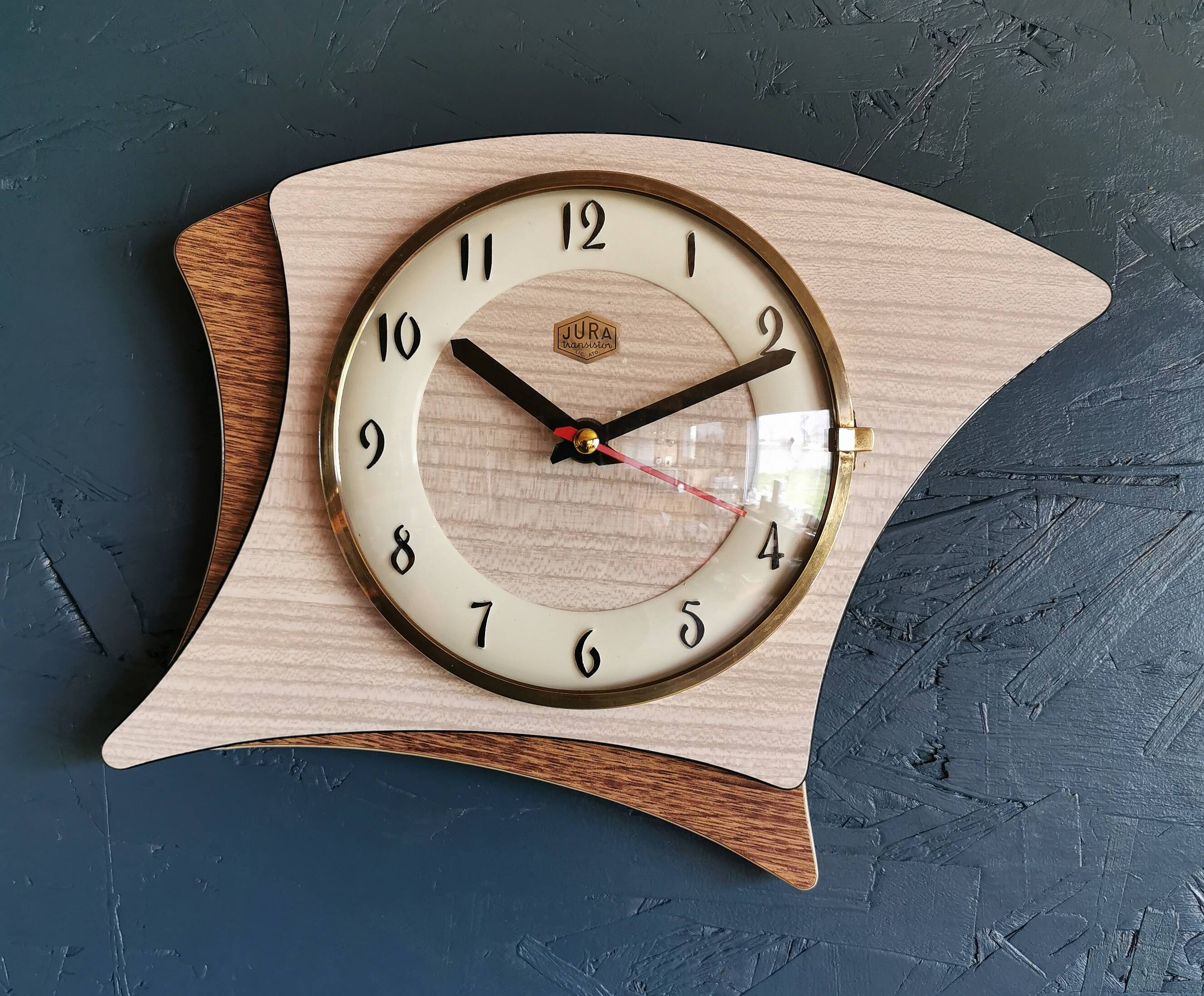 Vintage formica clock silent asymmetrical wall pendulum "Jura bois"