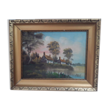 Peinture à l'huile sur toile, paysage,  signé.
