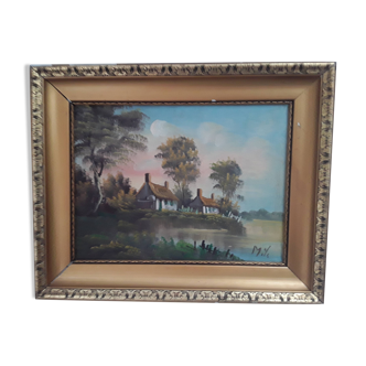 Peinture à l'huile sur toile, paysage,  signé.