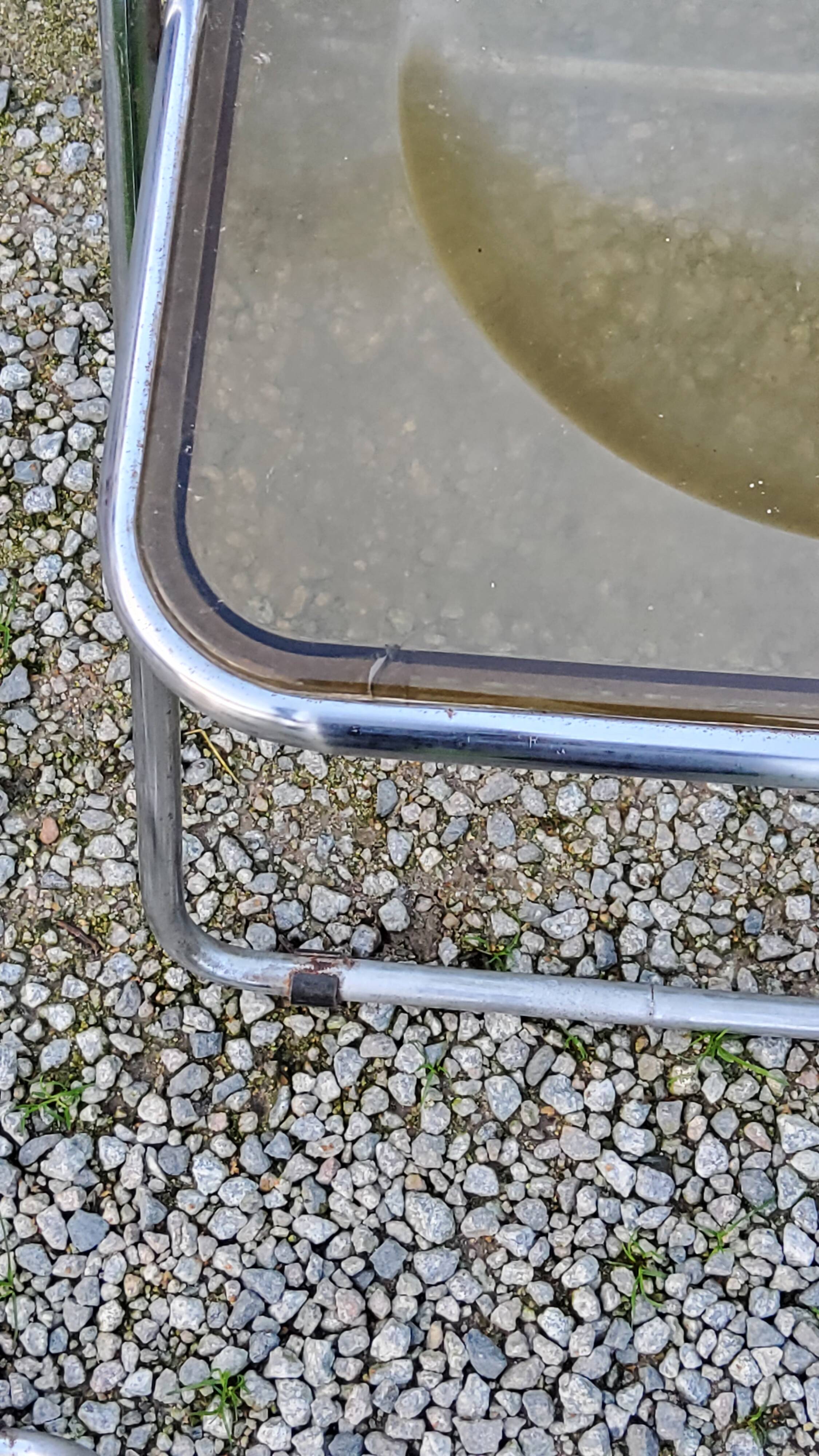 Set of 4 70s design folding chairs in smoked plexiglass and chrome metal