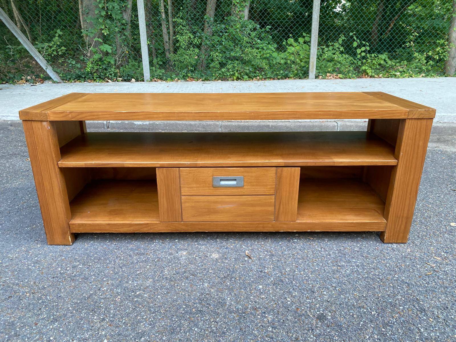 Solid pine wood TV unit stained with drawer and storage.