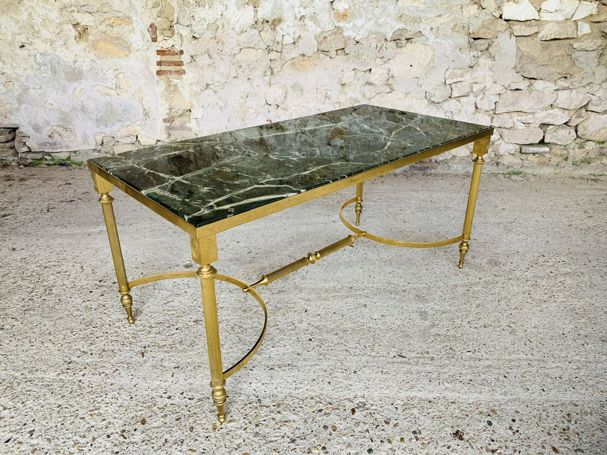 Mid-century coffee table in green marble and brass, 1960s