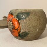 Beige ceramic candy box with orange flowers, vintage 1970s sugar bowl