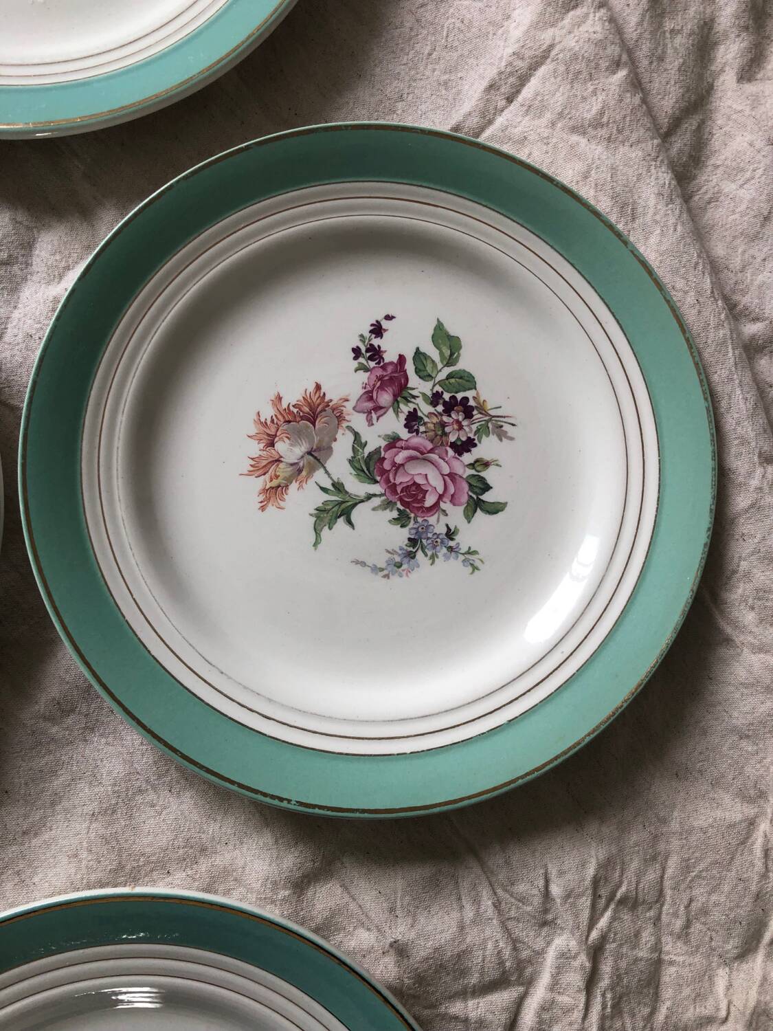 6 assiettes plates Ceranord Saint Amand Beaugency fleurs bords dorés et vert menthe