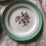 6 assiettes plates Ceranord Saint Amand Beaugency fleurs bords dorés et vert menthe