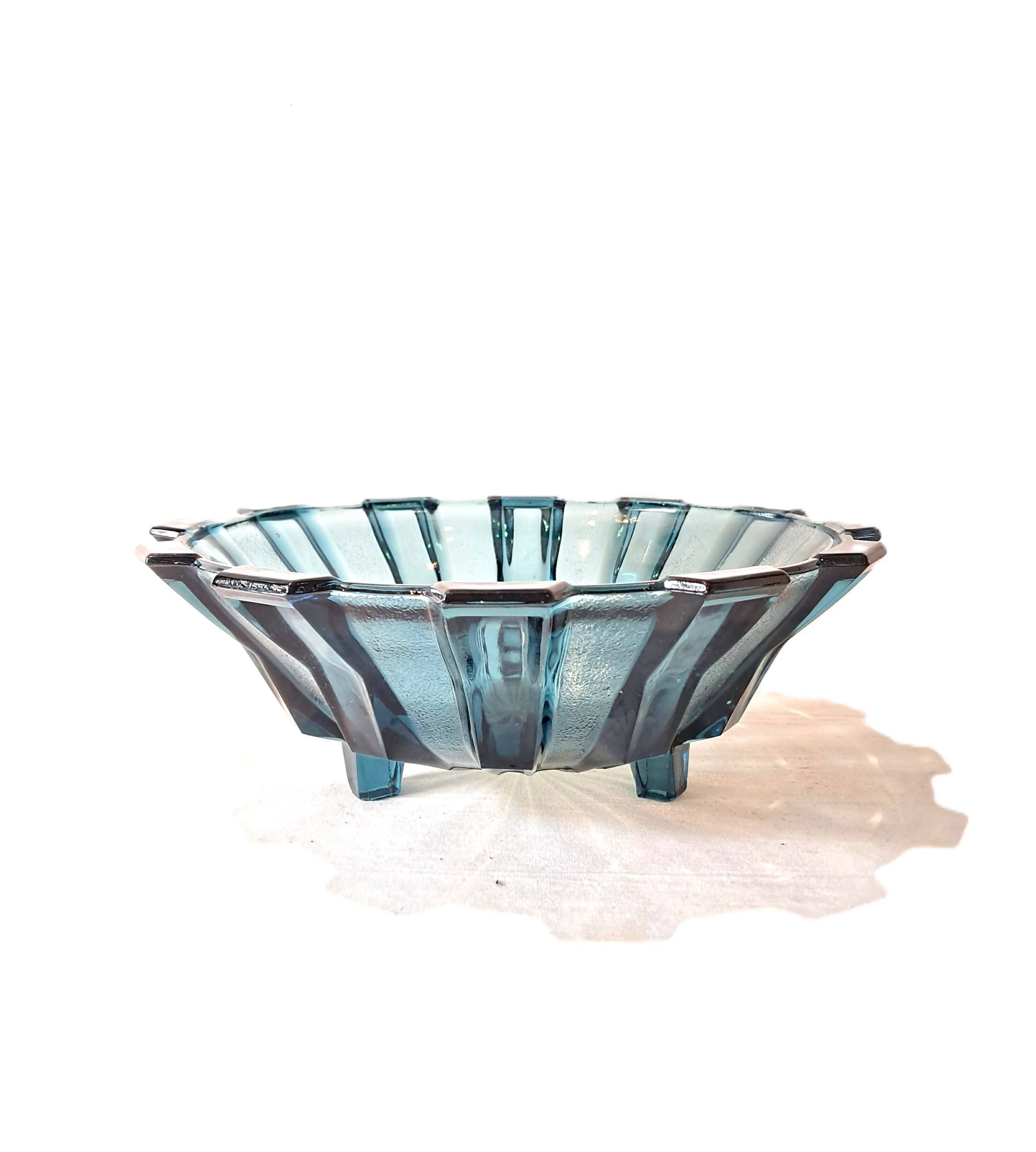Art Deco Style Geometric Blue Glass Bowl (By Scailmont)