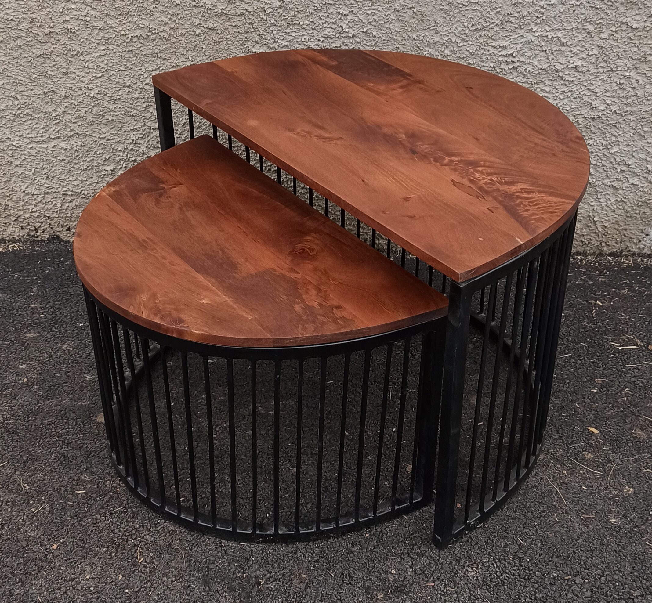 Half-circle wooden tables, metal feet