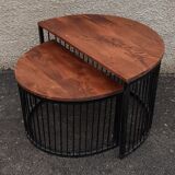 Half-circle wooden tables, metal feet