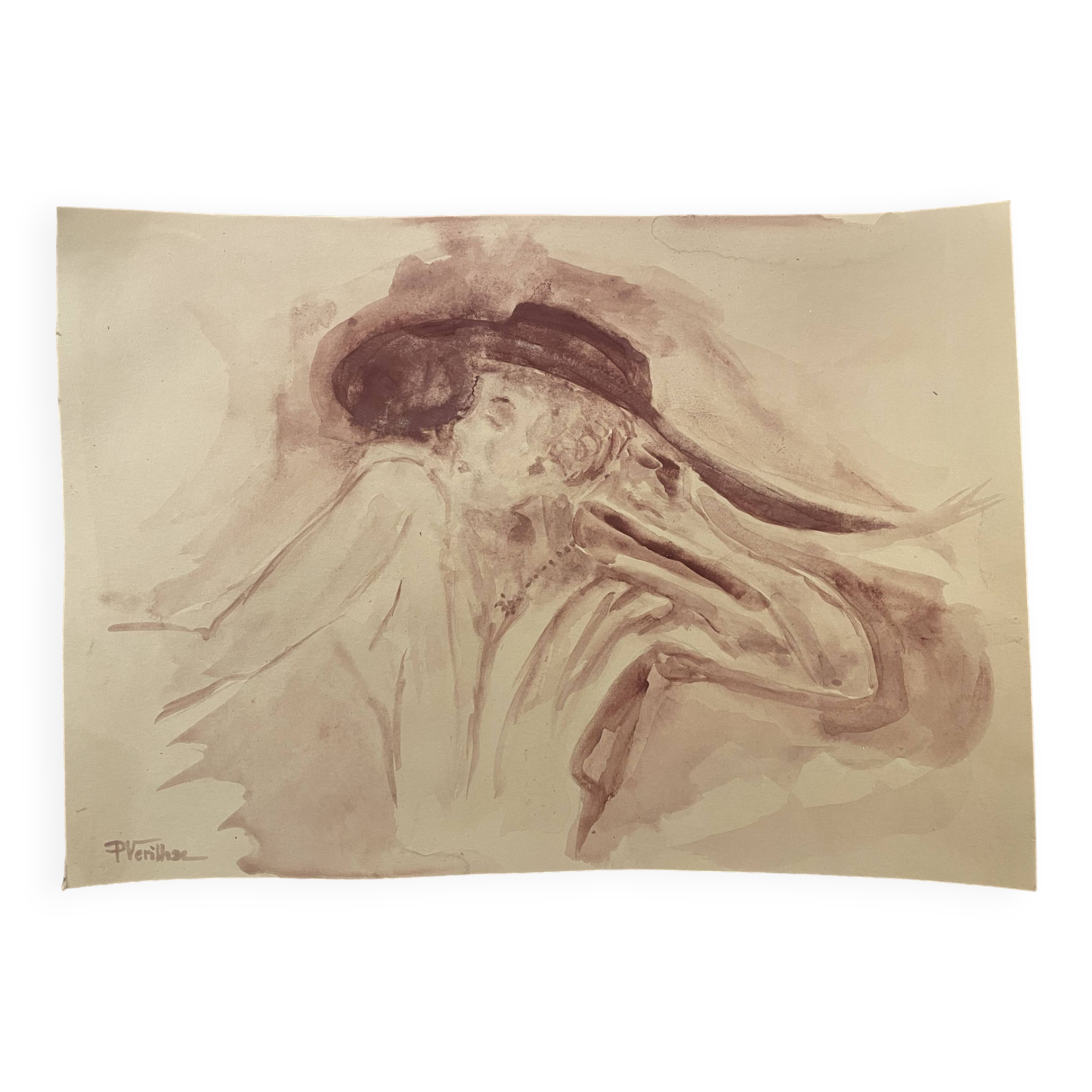 Signed painting monochrome watercolor caput mortum female portrait "Belle époque"