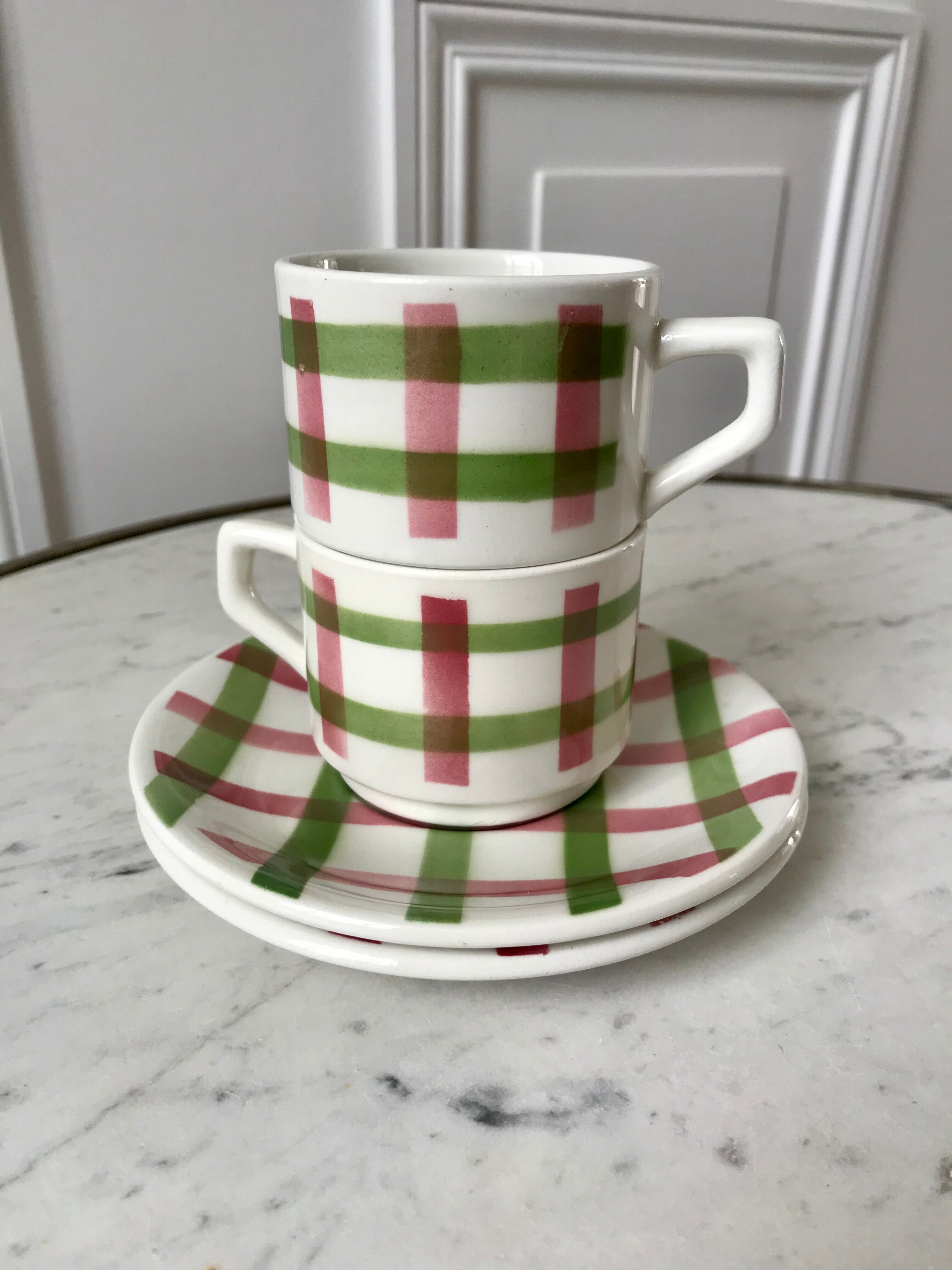 Duo de tasses et sous-tasses à café motif écossais / vichy années 50