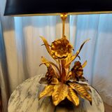Large lamp, bouquet of vintage anemone flowers, gold metal, Hans Kogl