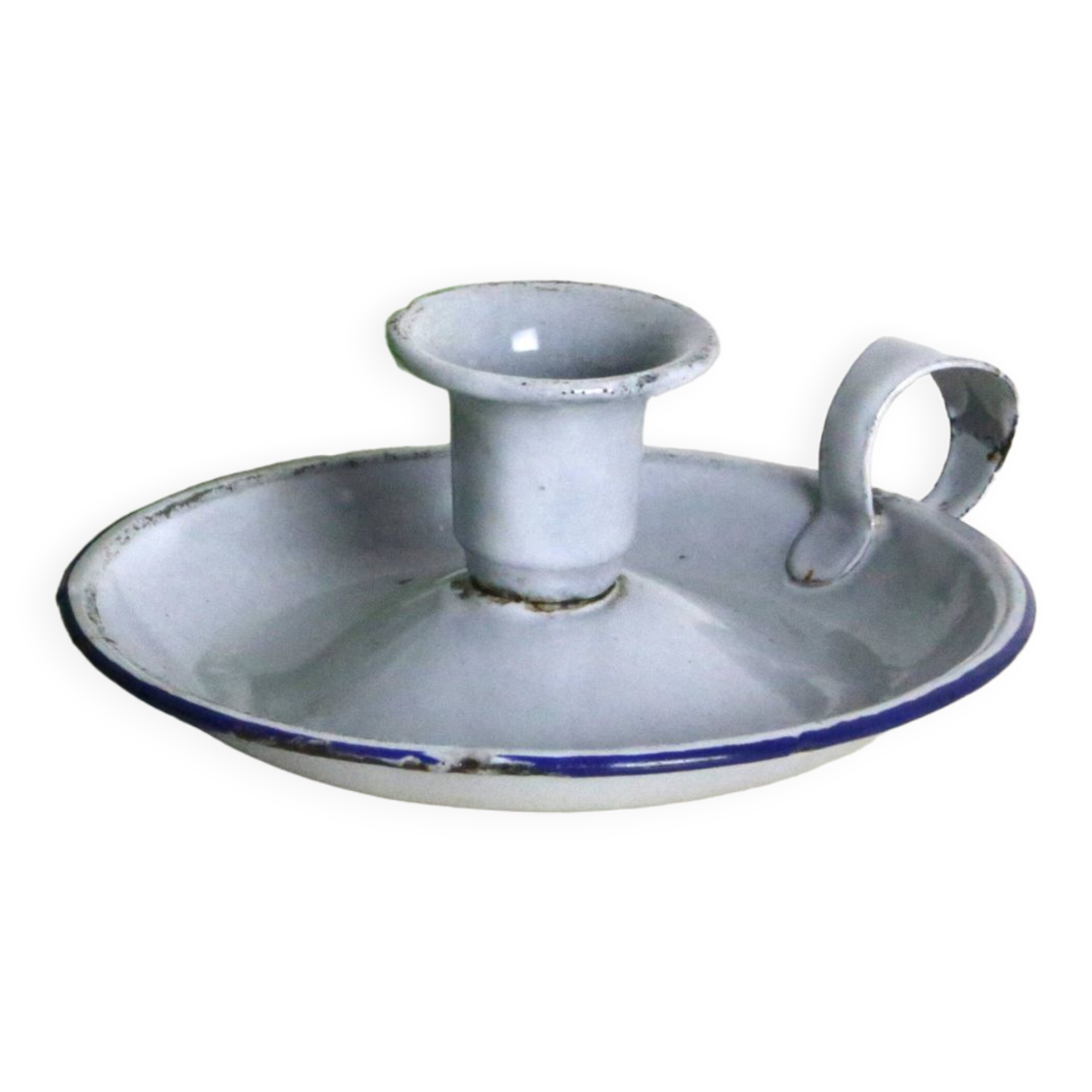 Gray and blue cellar rat candle holder, enameled metal, vintage