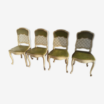 Set de 4 chaises Louis XV cannées cuir vert