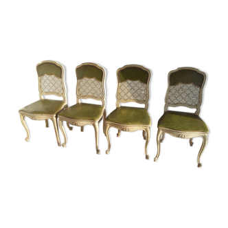 Set de 4 chaises Louis XV cannées cuir vert