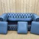 English Chesterfield 3-seater sofa in blue leather from the 1980s