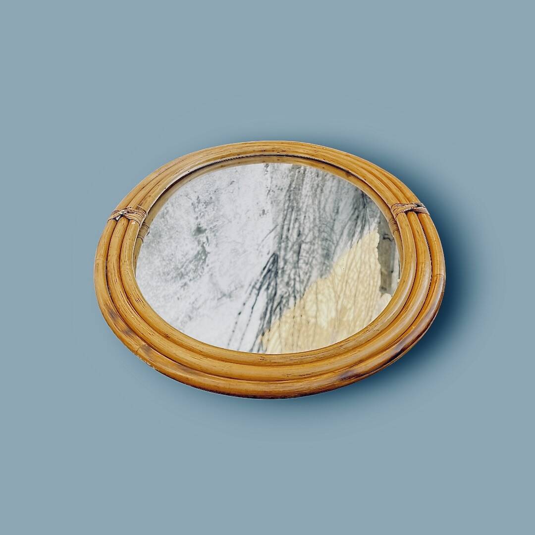 Large oval wall mirror in bamboo – bohemian chic style – 1960s–1970s