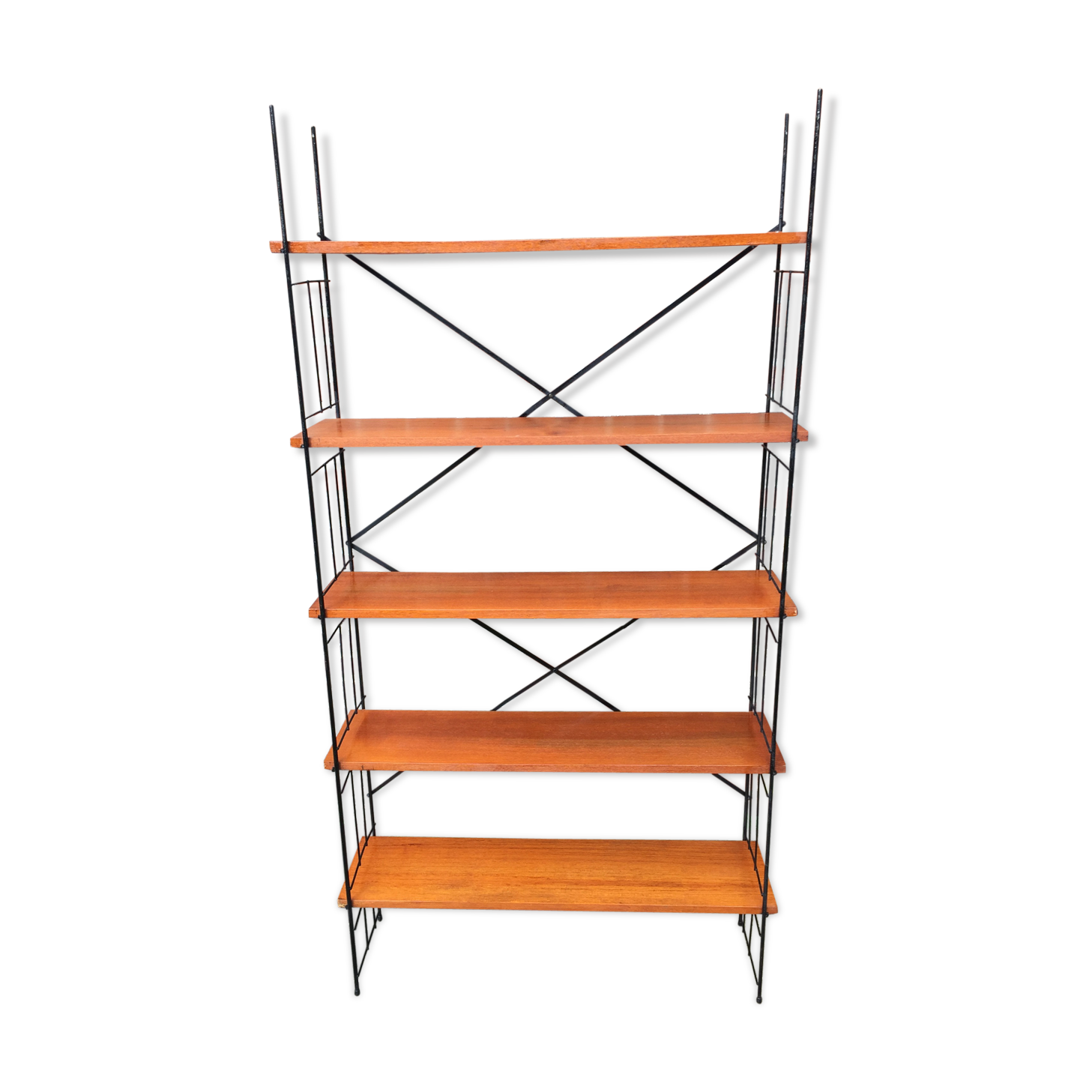 Bibliothèque fil d’acier et tablette bois 1960