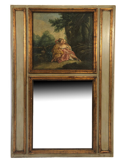 Trumeau in green lacquered wood, gold rechampi Louis XVI style, Nineteenth