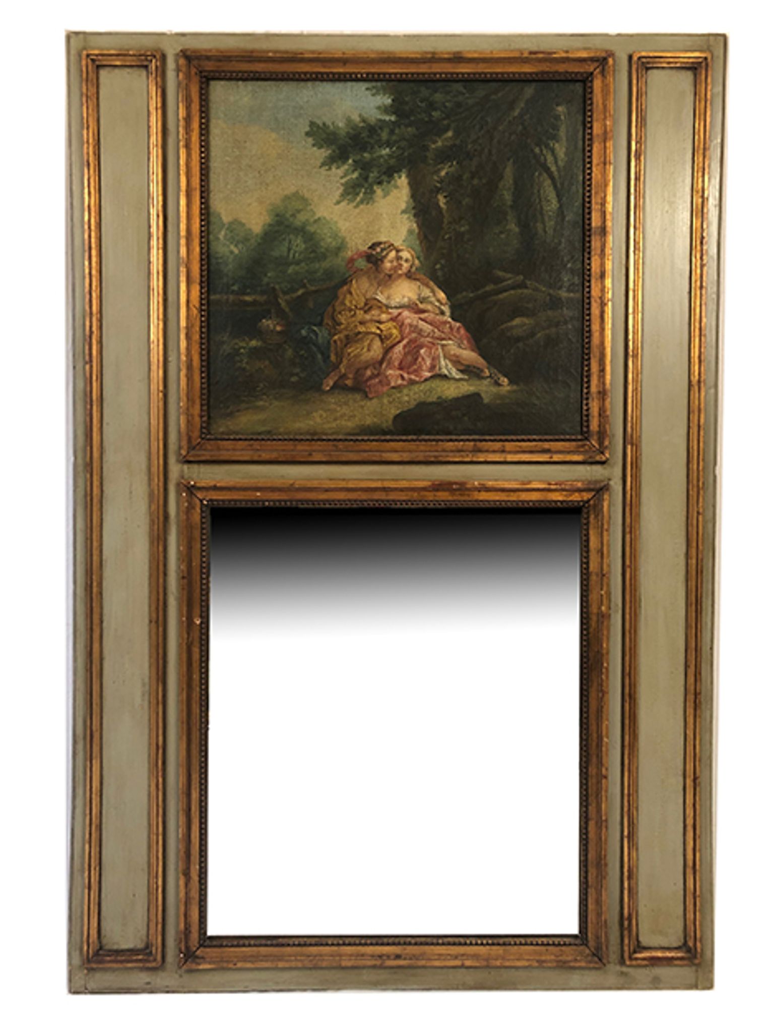 Trumeau in green lacquered wood, gold rechampi Louis XVI style, Nineteenth