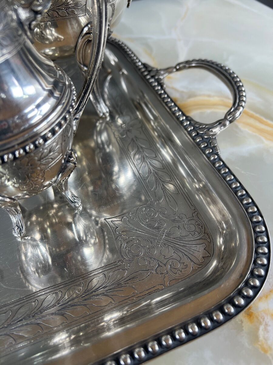 Silver-plated tea and coffee service, 5 pieces with tray, late 19th century.