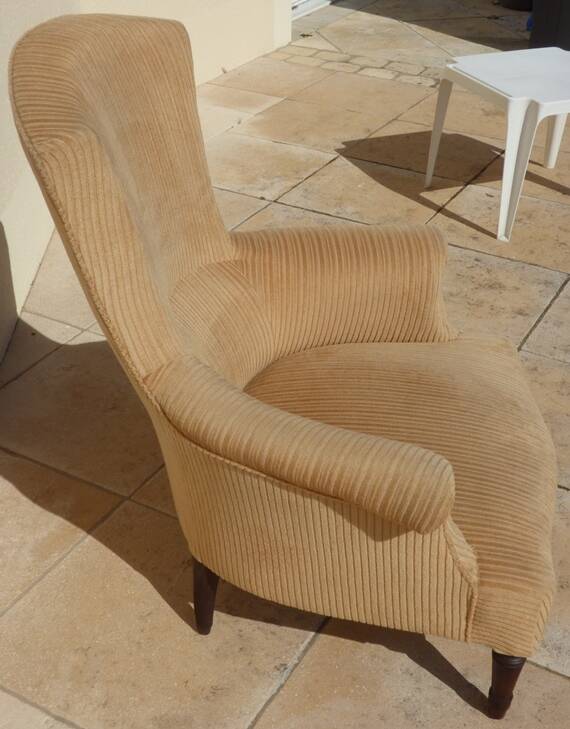 Old bergère upholstered in beige velvet – Firm back and seat