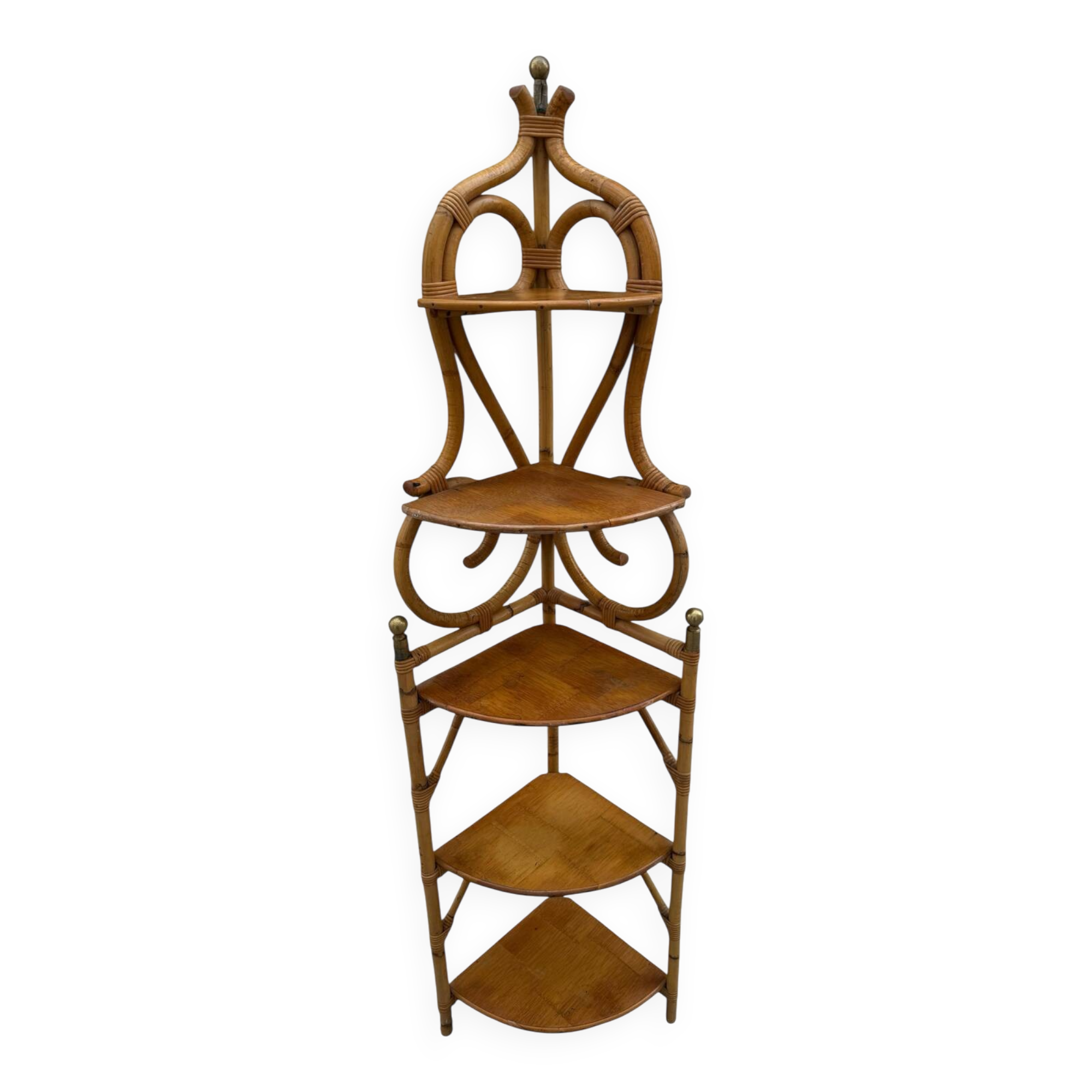 Magnificent 1960s French rattan corner shelf.