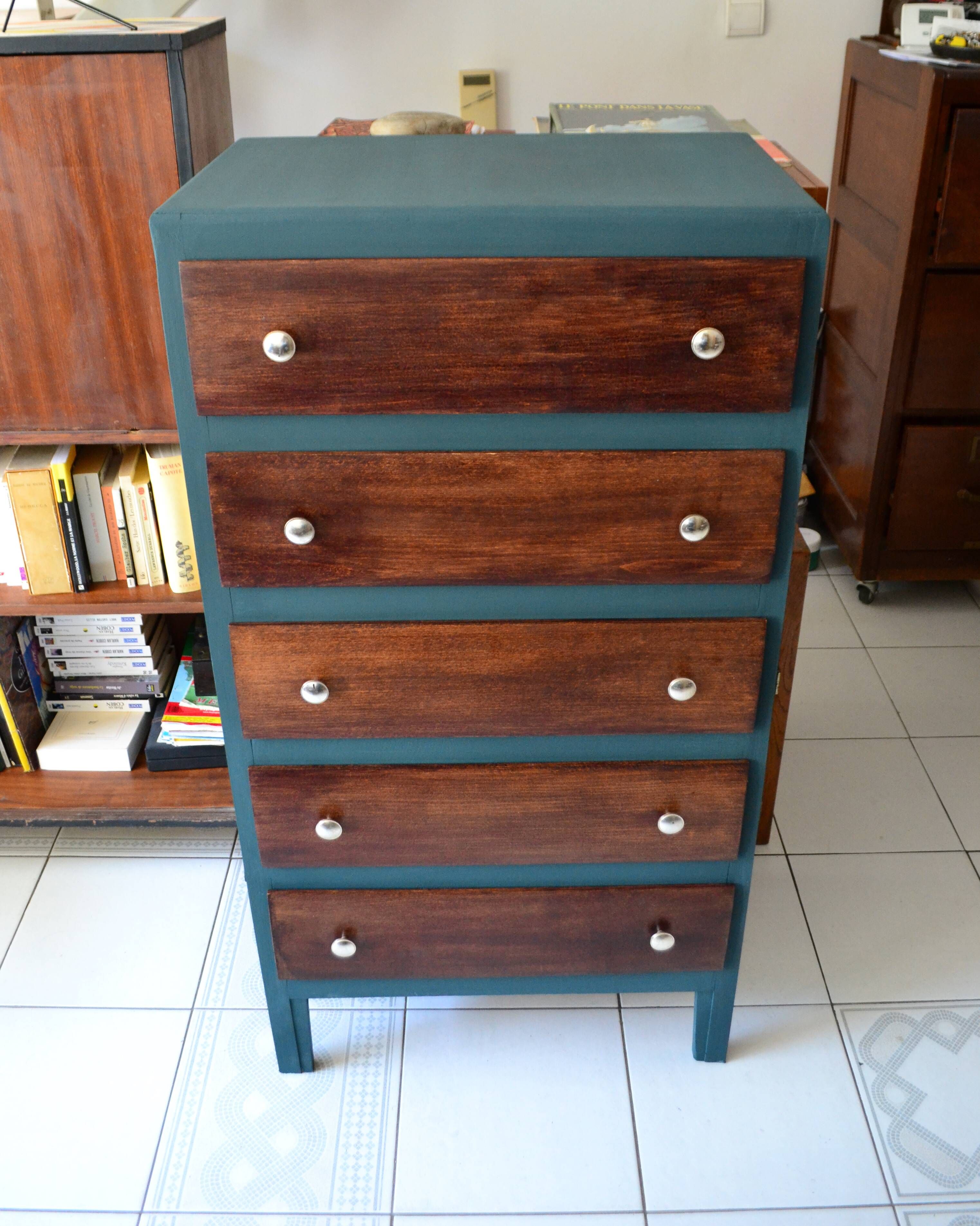 Chiffonnier vintage chêne commode vert anglais