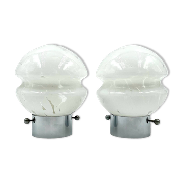 Vintage 70s Glass Table Lamps – White Glass with Metal Stand, Set of 2