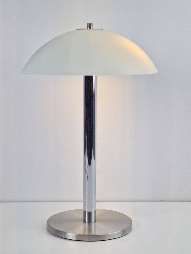 Mid-Century Mushroom Table Lamp in Sandblasted Glass, Stainless Steel & Chrome, 1960s