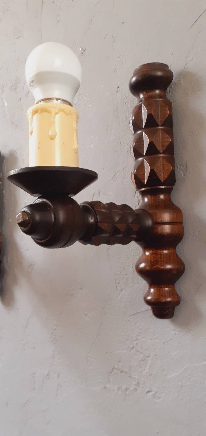 Pair of 60s Brutalist wall lights in varnished wood