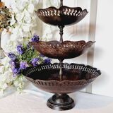 Large three-tiered fruit bowl in iron and brass, French style, rust.