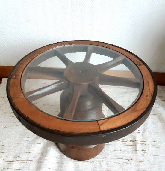 Dudouyt style brutalist wooden wheel coffee table