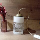 Lampe baladeuse style art deco tube verre texturé, cordon lin
