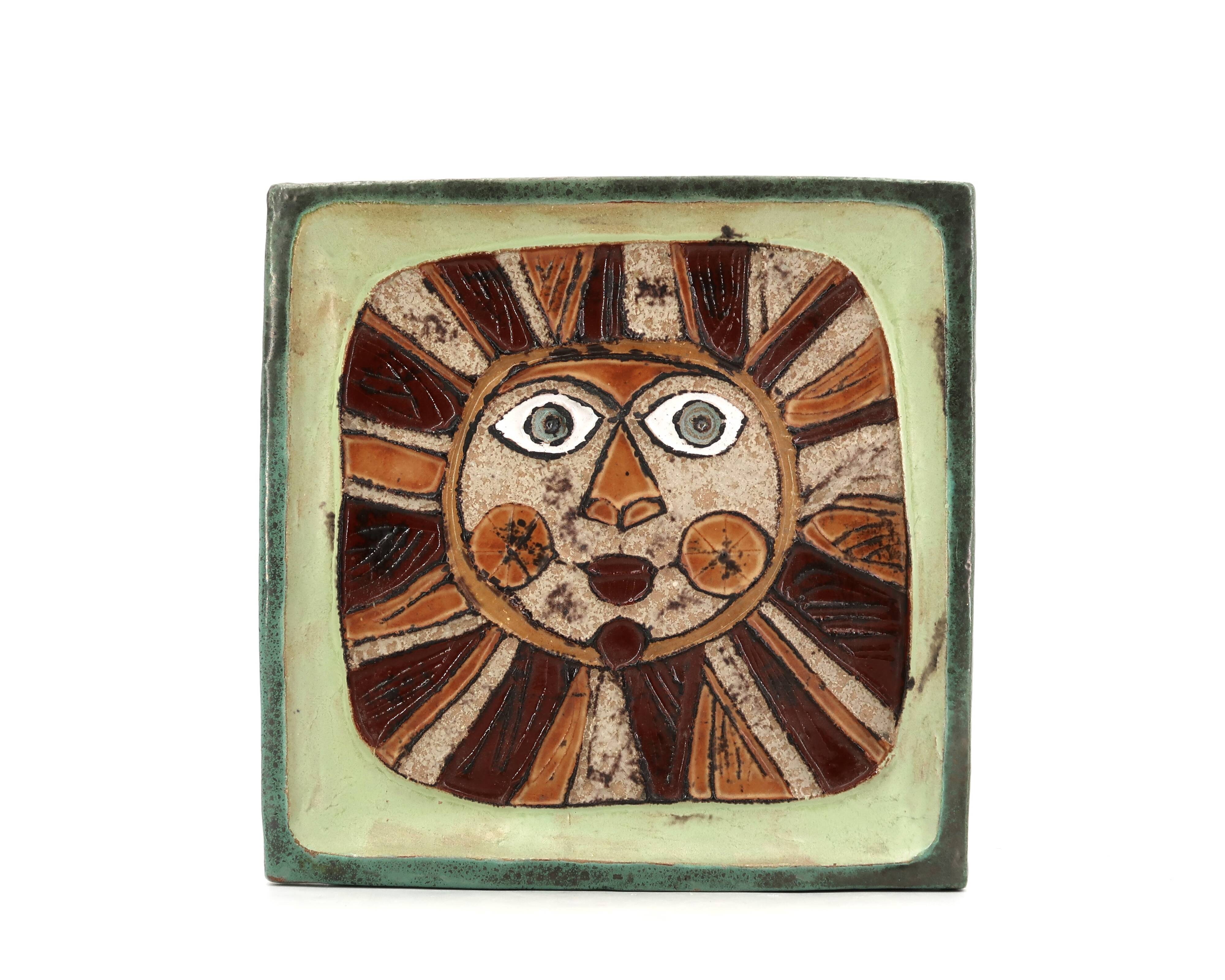 Square ceramic catchall by Roland Zobel, sun design, 1970s.