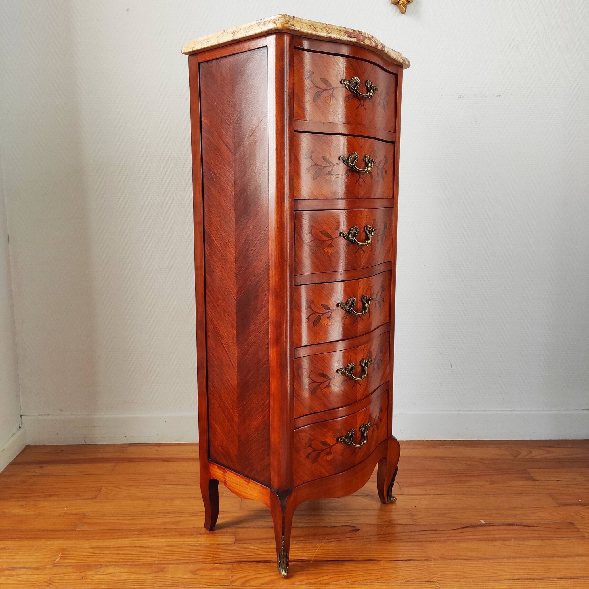 Curved chest of drawers in marquetry – marble top – Louis XV style