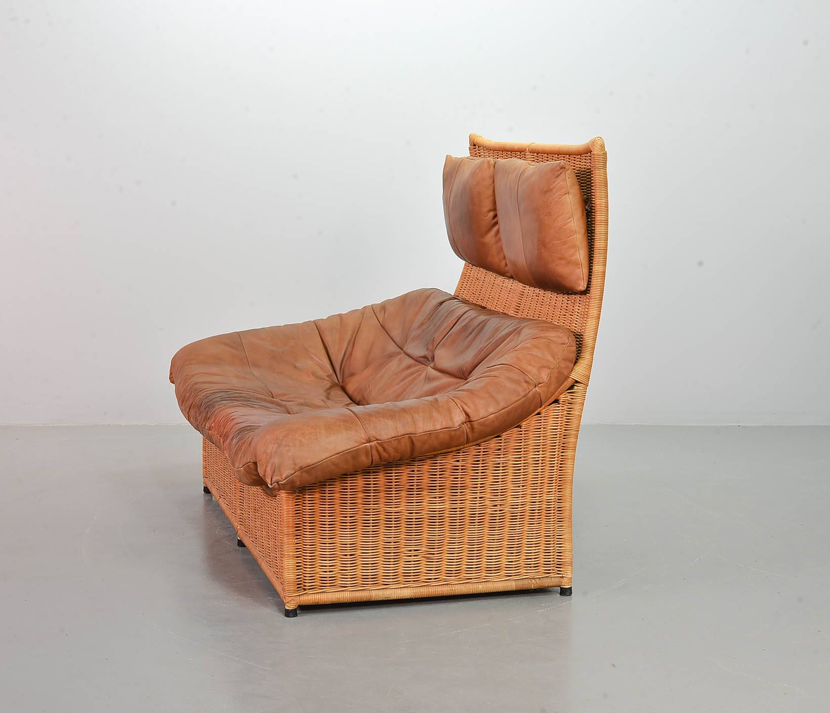 Gerard van de Berg Cognac Patchwork Leather 2-Seat Rockstyle Cane Sofa 70s